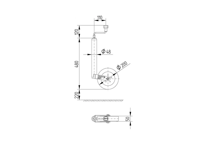 Опорне колесо з чавунним затискачем KNOTT TK48+LBG48 150 кг 48 мм 480-700 мм